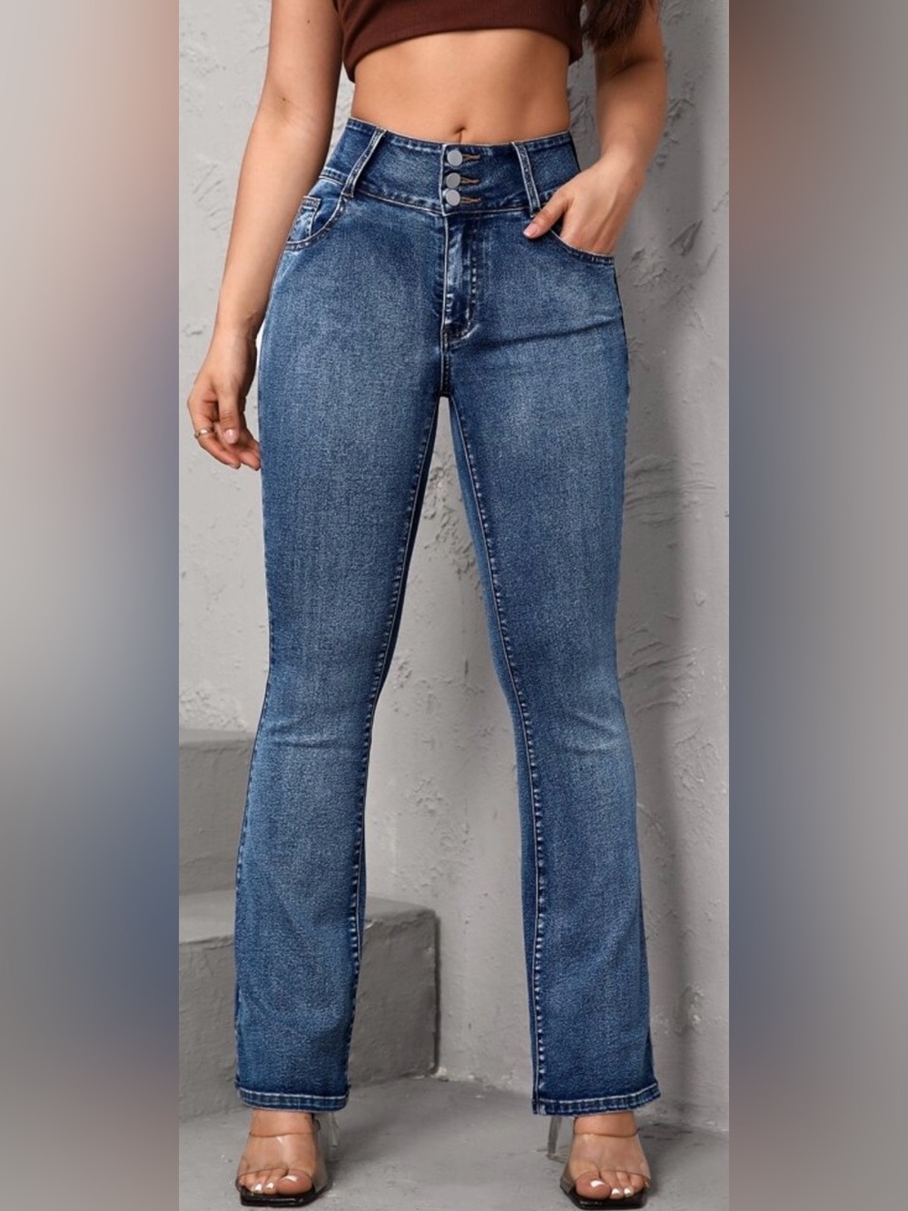SHEIN High Rise 3 Button Flare Jeans Women W28 L32 Medium Wash Denim